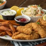 A serving of salt and vinegar chicken strips with sides and sauces