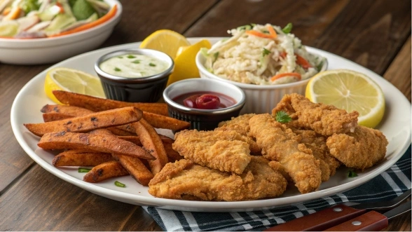 A serving of salt and vinegar chicken strips with sides and sauces