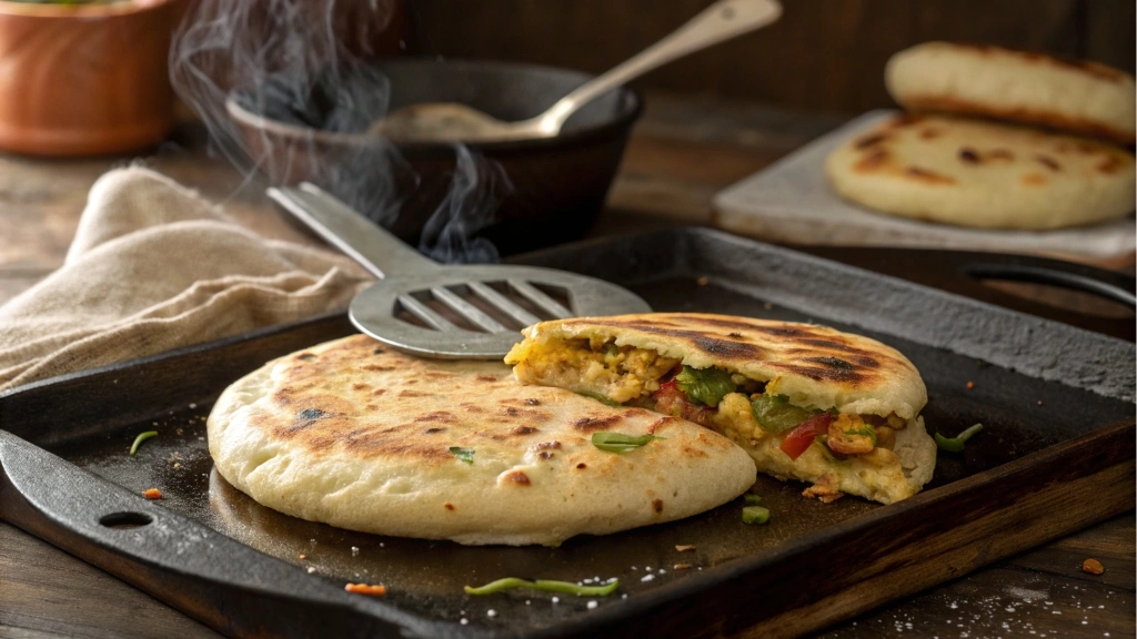 A golden flatbread cooking on a hot griddle.