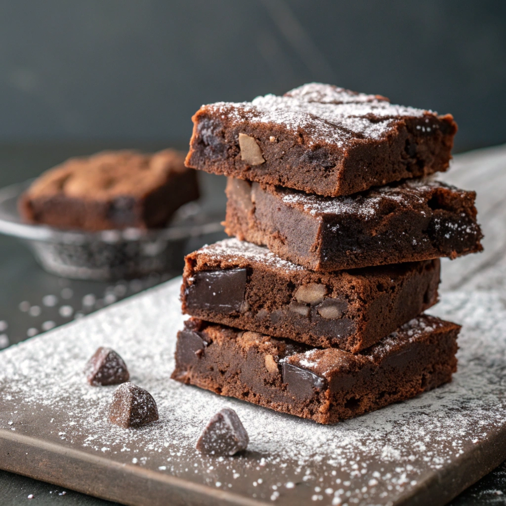 A stack of fudgy brownies with visible chocolate chunks, dusted lightly with powdered sugar