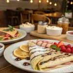 A table filled with an assortment of crepes with sweet and savory toppings