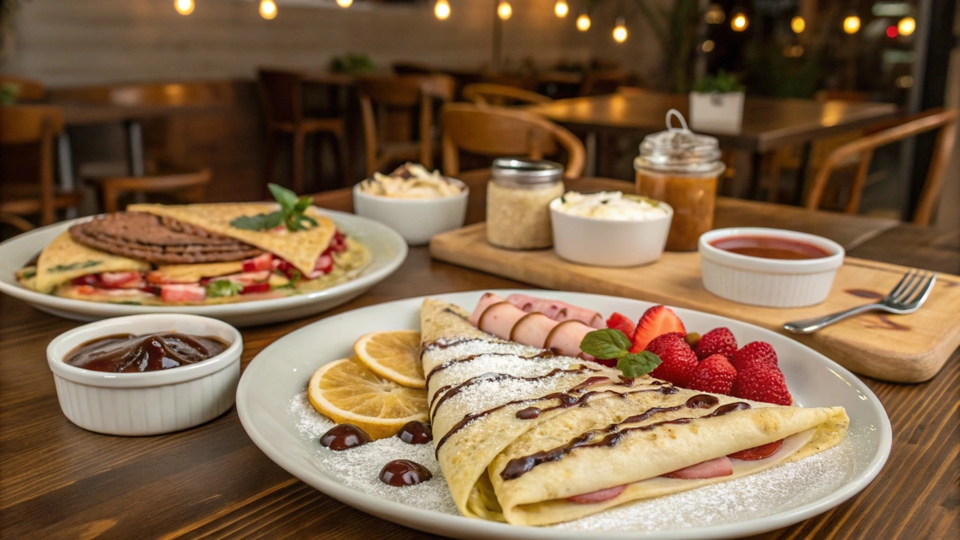 A table filled with an assortment of crepes with sweet and savory toppings