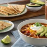 Taco Soup Frios served with toppings and side dishes like quesadillas and cornbread.