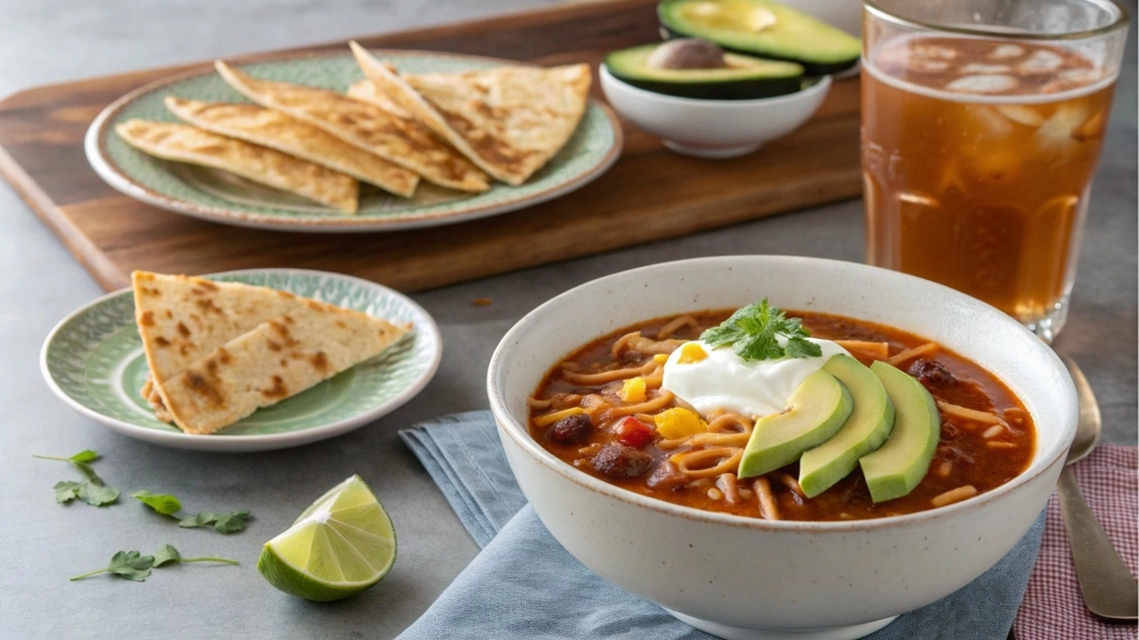 Taco Soup Frios served with toppings and side dishes like quesadillas and cornbread.