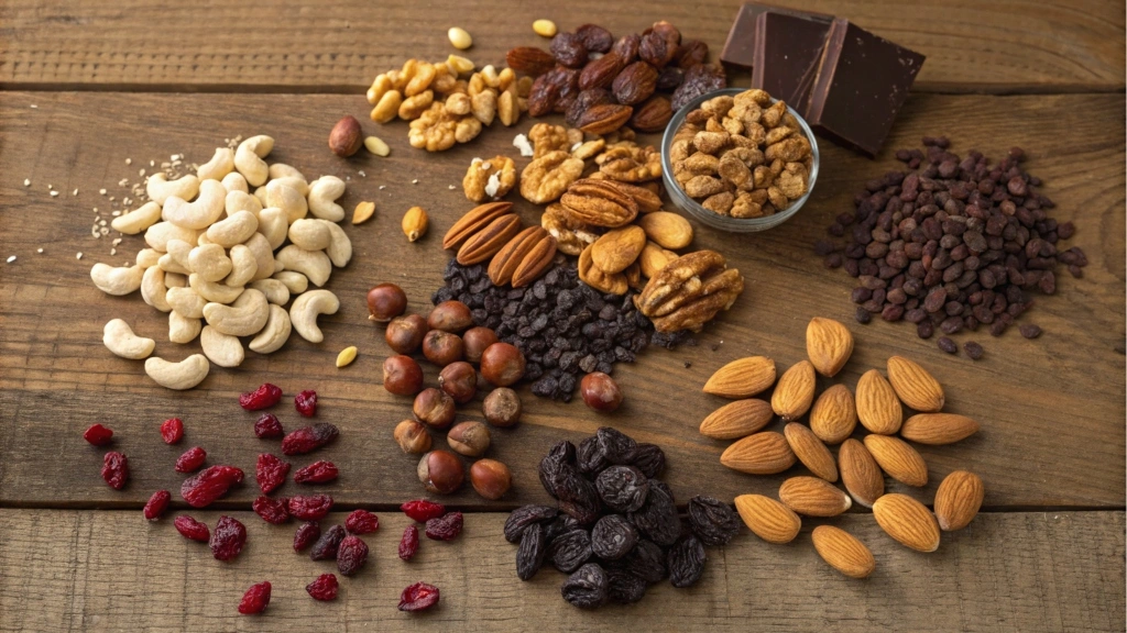 A colorful assortment of trail mix ingredients spread out on a rustic wooden table