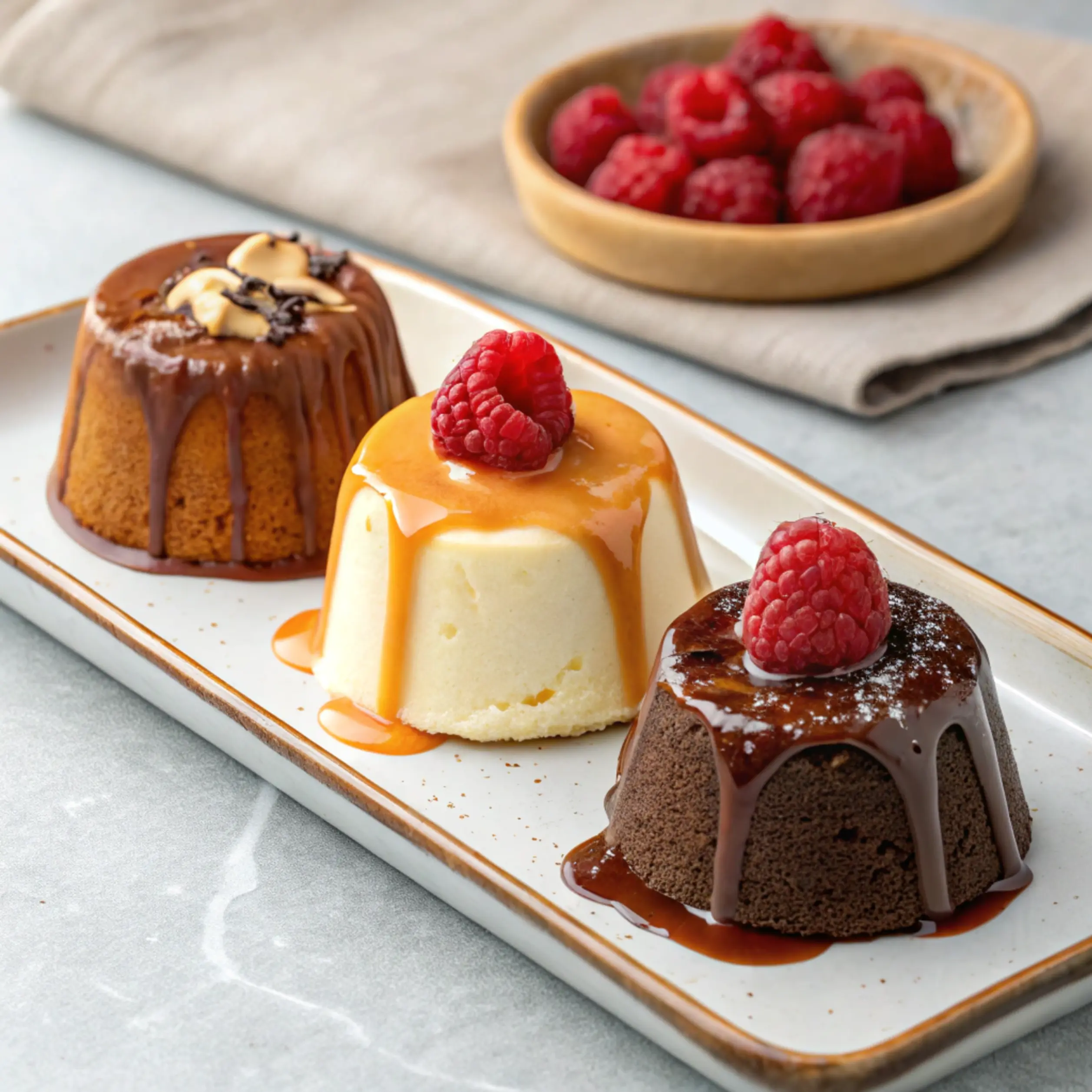 A trio of lava cakes on a platter, each with a unique filling—one oozing white chocolate, another with golden caramel, and the third with vibrant raspberry sauce.