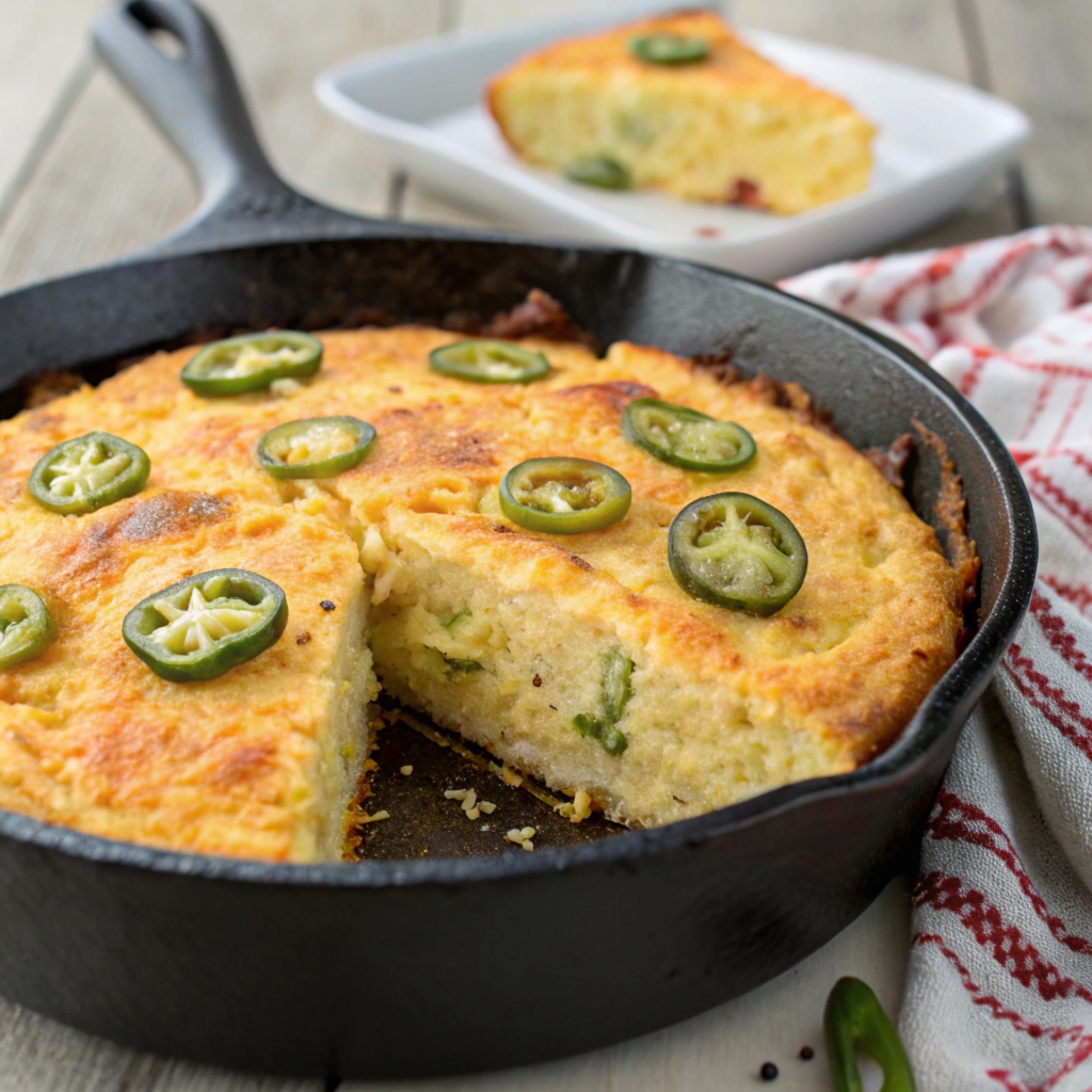 A jalapeño cheddar cornbread topped with fresh jalapeños and melted cheese