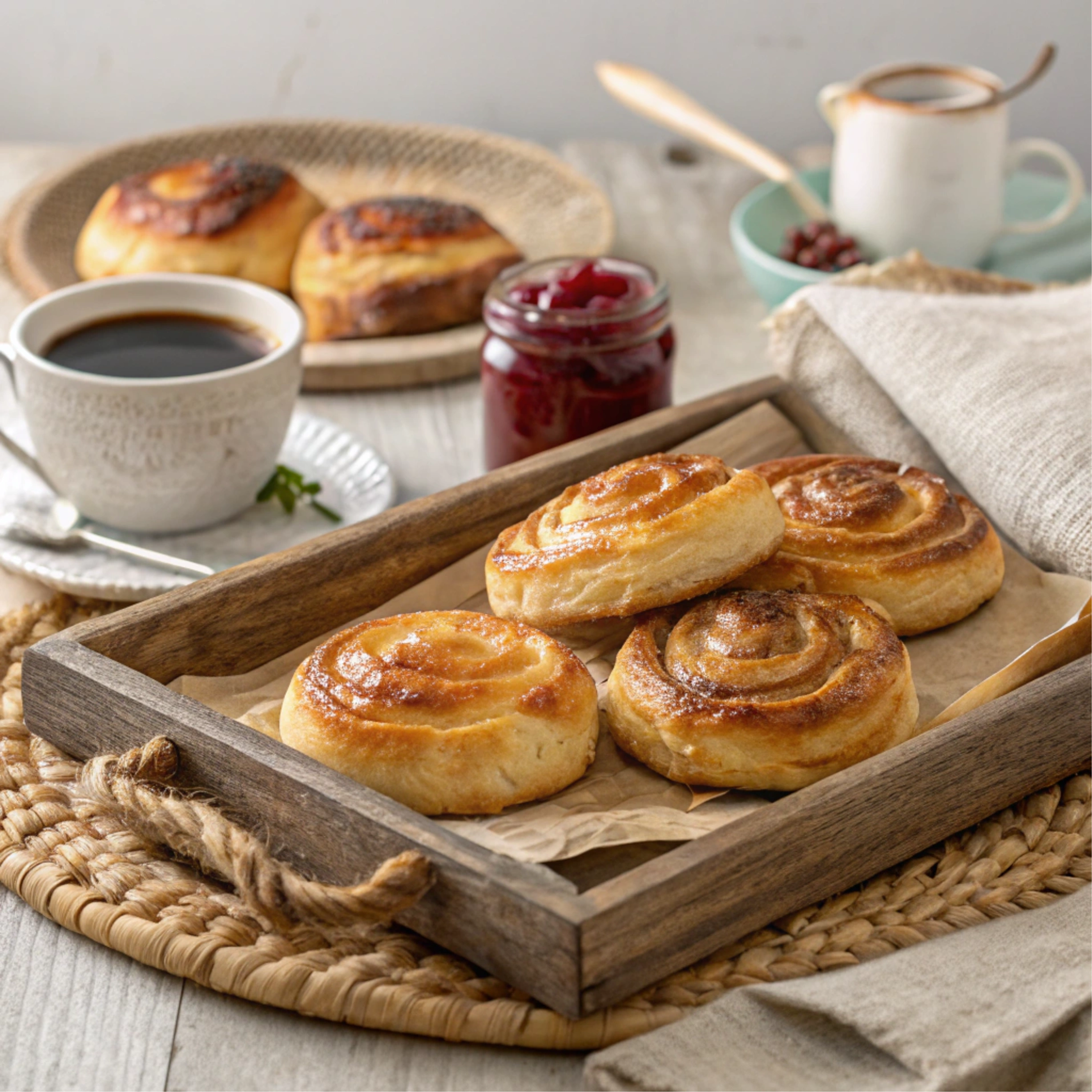 Golden-brown freshly baked Gipfeli arranged on a rustic wooden tray, surrounded by coffee and jam for a cozy breakfast setting.