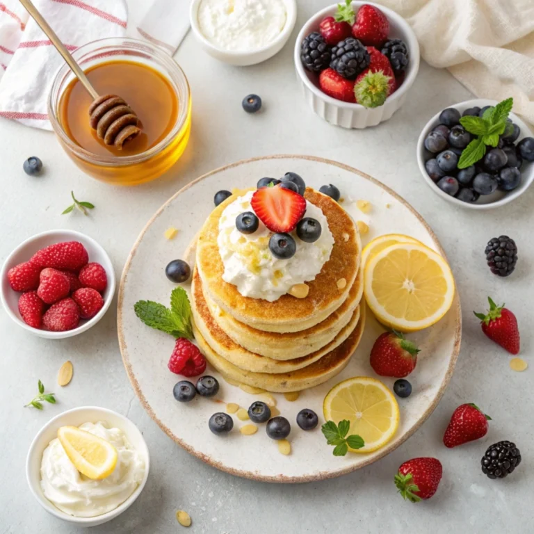 A variety of toppings for pancakes arranged in small bowls