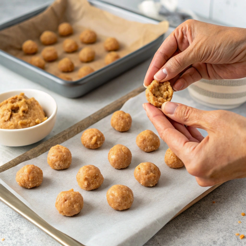 Rolling peanut butter mixture into small balls