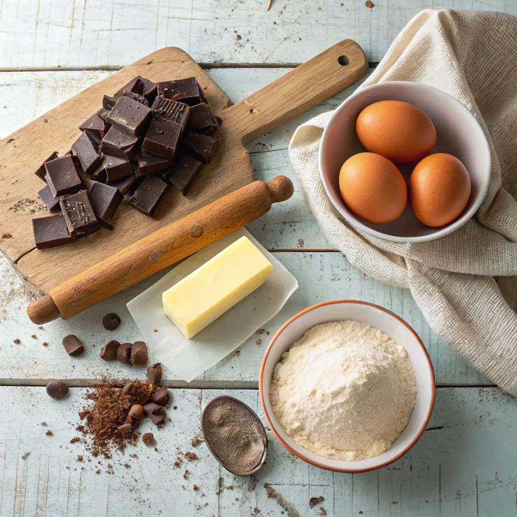 Flat lay of the key ingredients—chunks of chocolate, a stick of butter, eggs, sugar, and a small mound of flour—on a rustic kitchen counter.