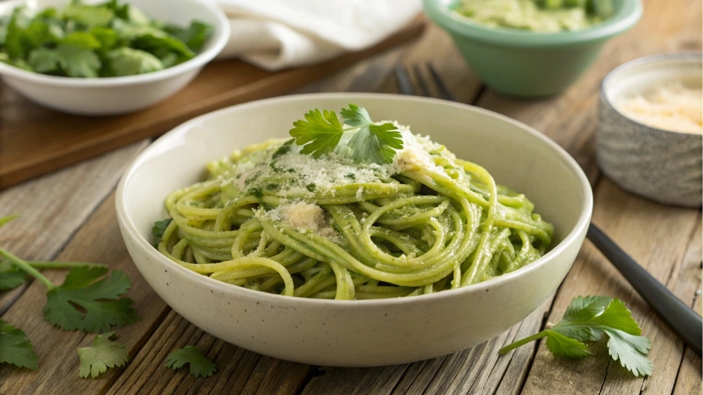 A bowl of green spaghetti topped with creamy poblano pepper sauce, garnished with fresh cilantro and Parmesan cheese, on a rustic wooden table