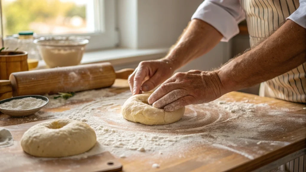 Sourdough bagel dough being shaped by hand