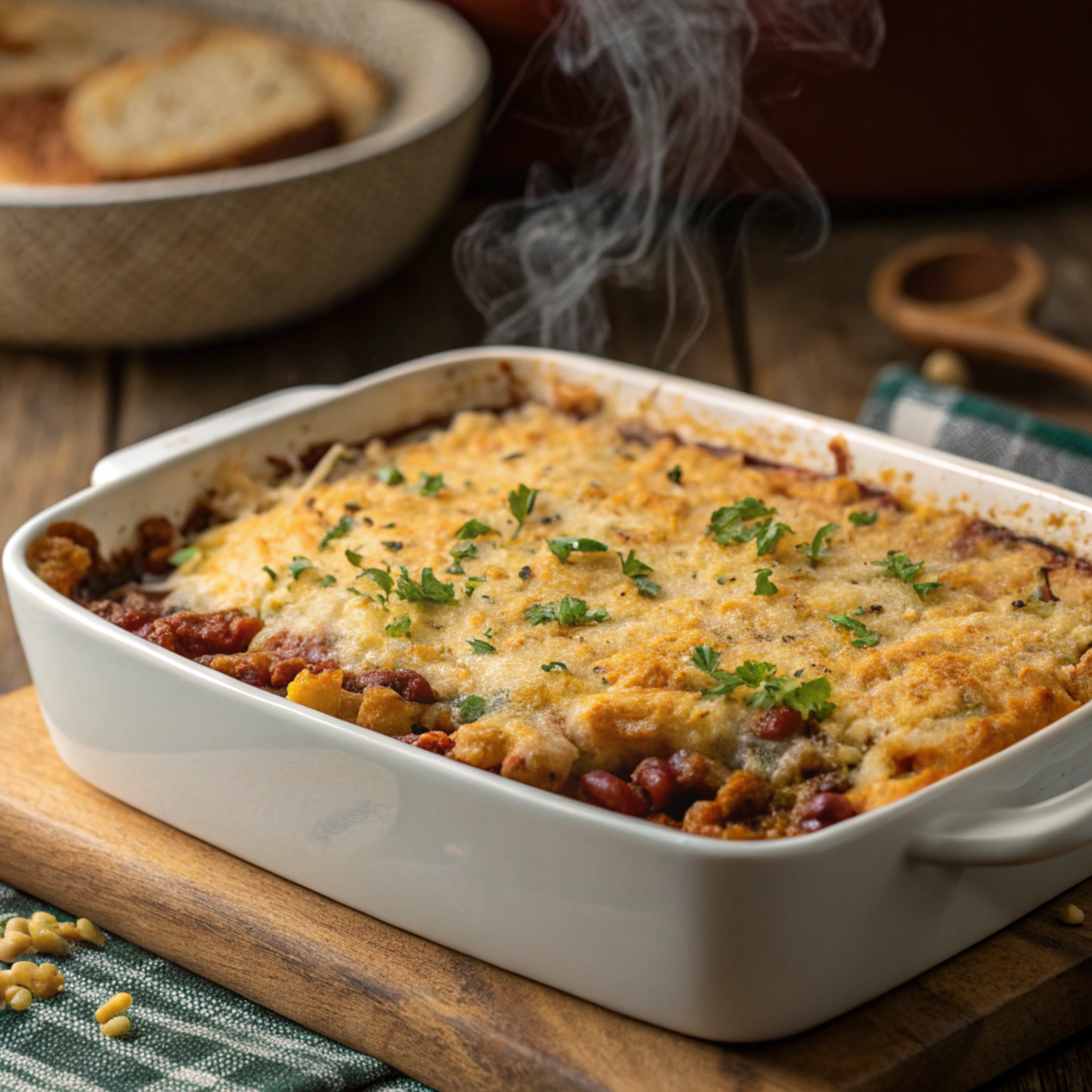 A golden-baked calico bean casserole topped with melted cheese and breadcrumbs, fresh out of the oven.