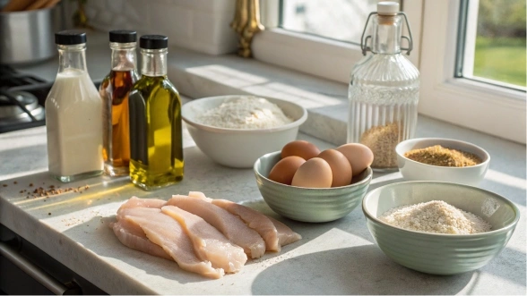 Ingredients for salt and vinegar chicken strips arranged on a kitchen counter