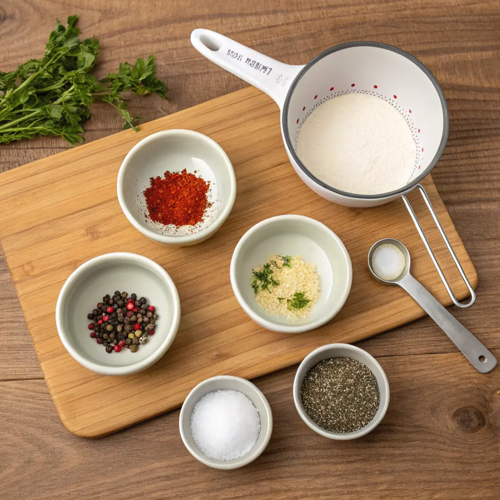 f a flat lay featuring the essential ingredients, neatly arranged on a wooden countertop, with measuring cups and small bowls for seasonings.