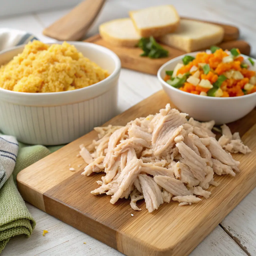 of shredded chicken on a wooden board next to a bowl of crumbled cornbread and chopped vegetables, ready for assembly.