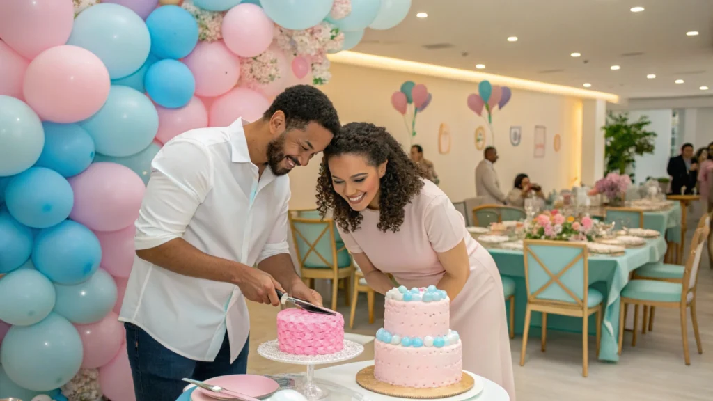 Gender reveal cake-cutting ceremony