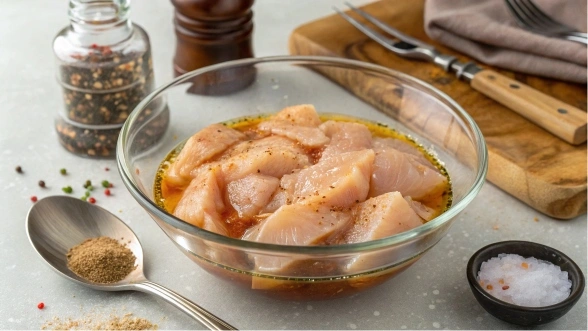 Chicken strips marinating in a bowl of vinegar and spices.