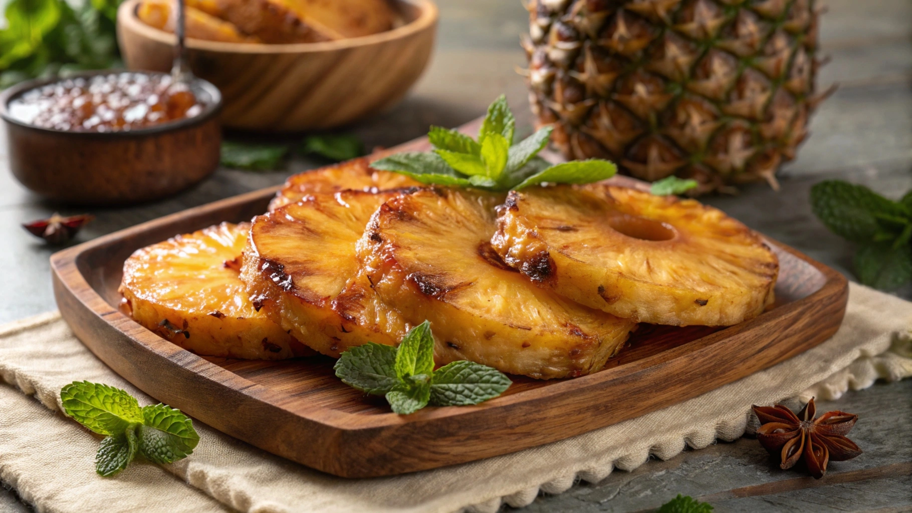 Fresh apple slices and baked apples with cinnamon next to a flaky chicken pot pie on a white plate.