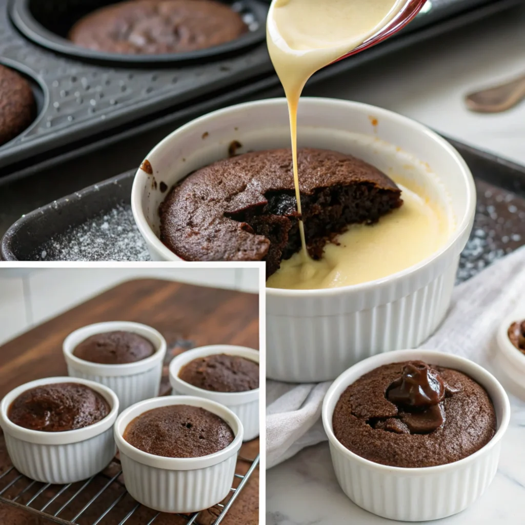 Step-by-step visuals of lava cakes being baked—showing the batter being poured into a ramekin, the cakes baking in the oven, and the gooey center revealed when sliced.