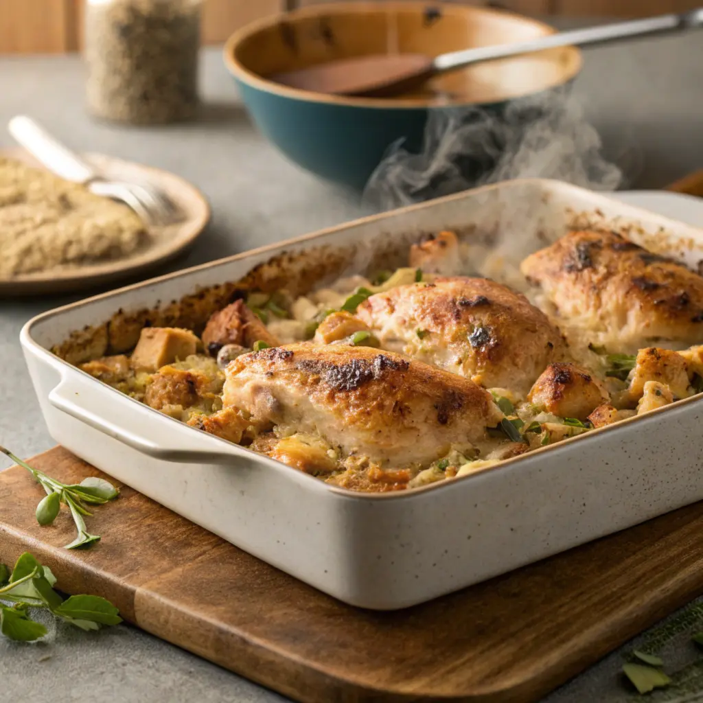 the chicken and dressing mixture in a baking dish, just pulled from the oven with a golden-brown crust.