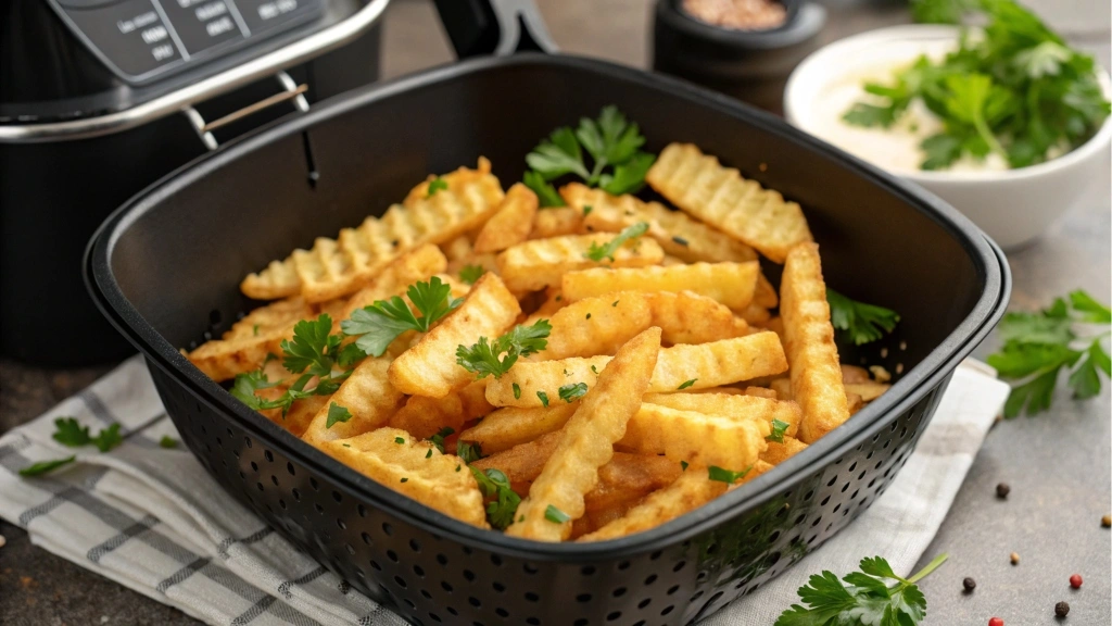 Air fryer crinkle cut fries garnished with parsley