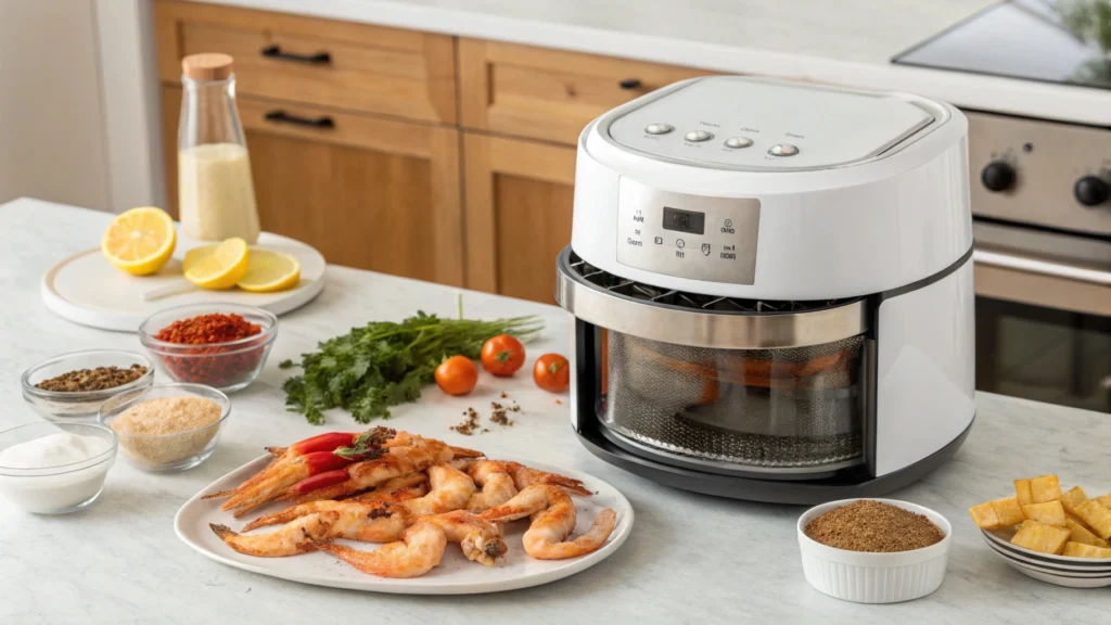 Air fryer with fresh shrimp and seasonings ready to cook