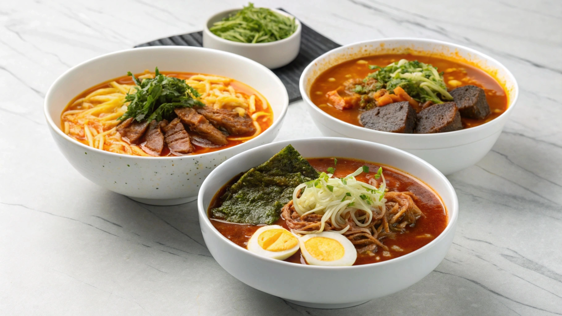 Three creative variations of birria ramen served side-by-side.