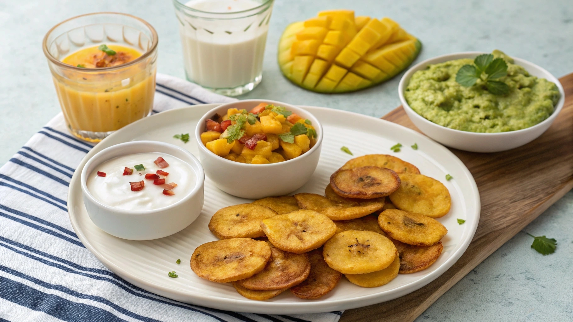 A bowl of sweet plantain chips on a rustic wooden table with tropical decor