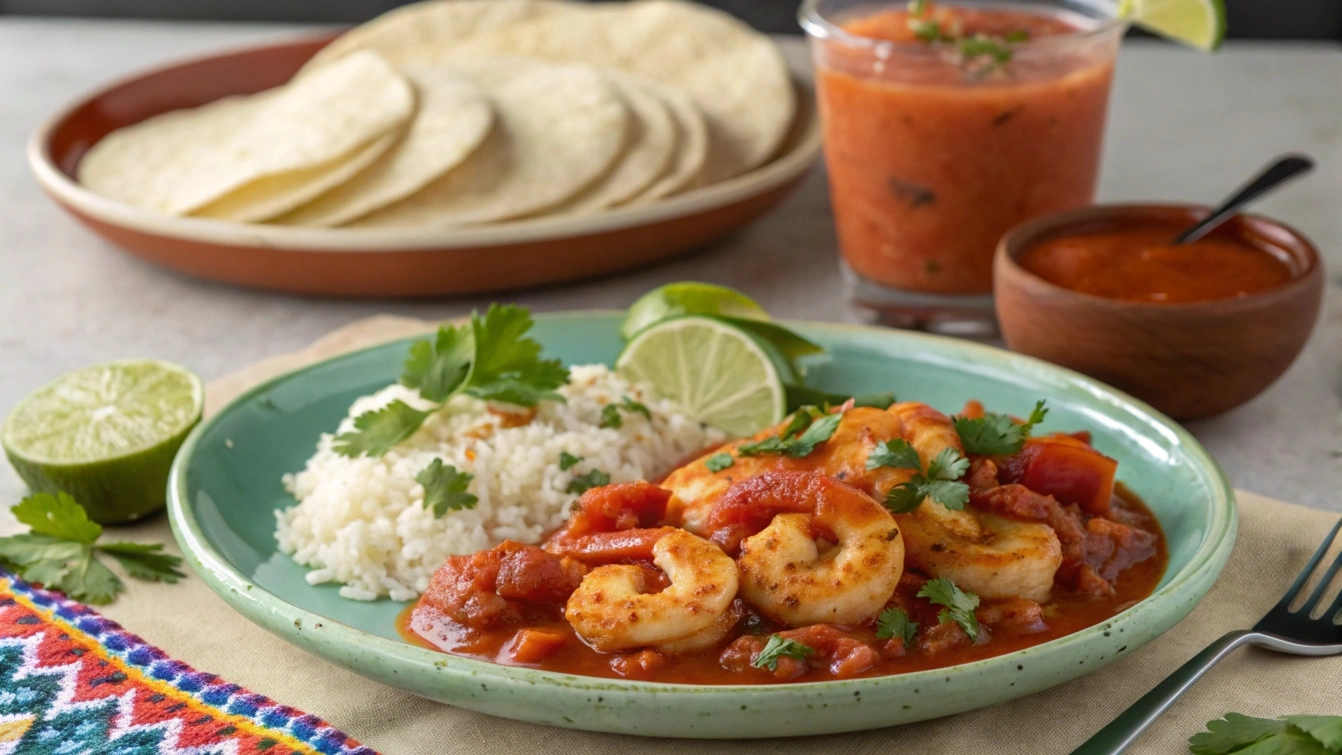 Camarones a la Diabla served with sides and a drink