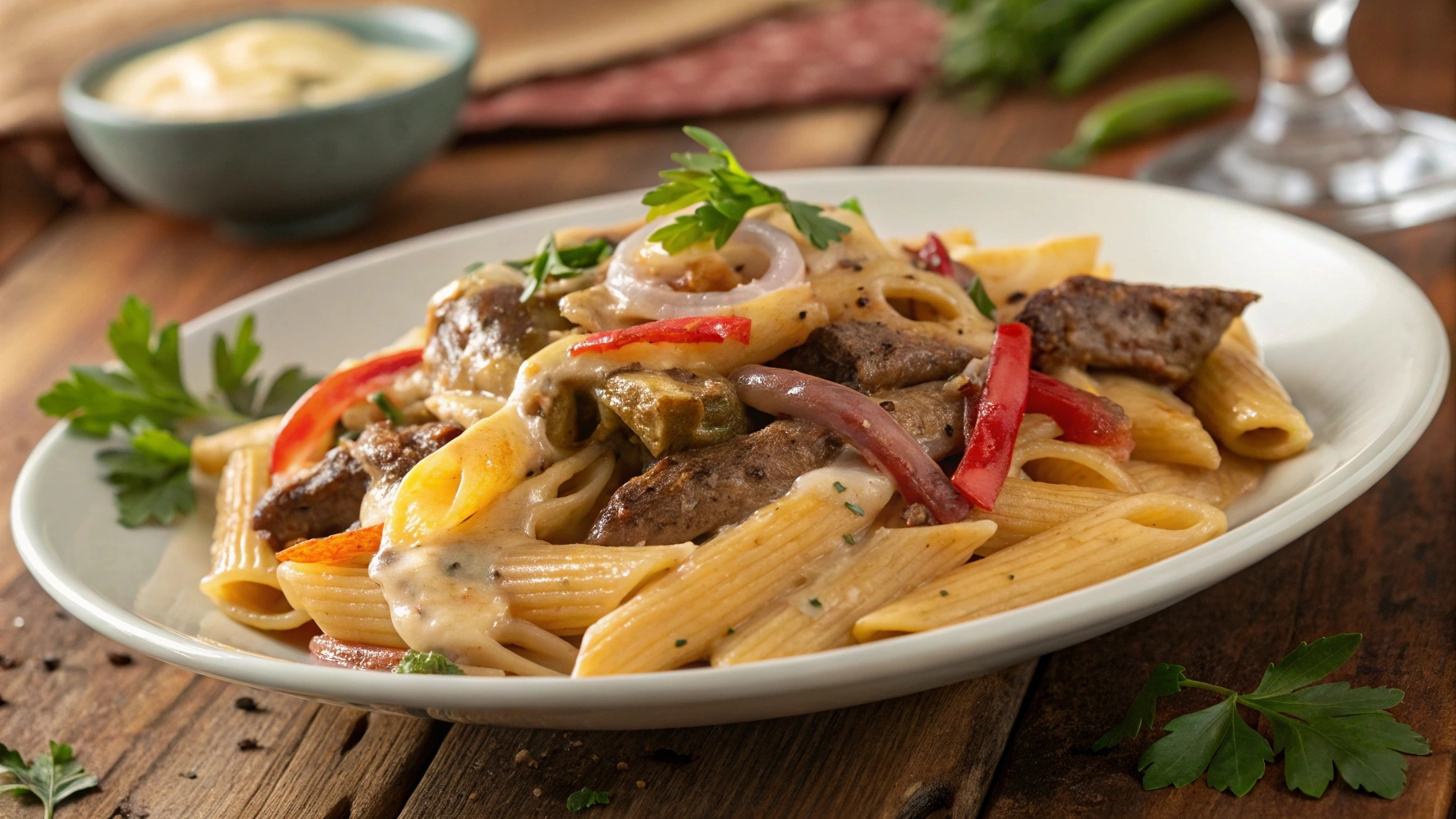 Cheesesteak pasta with creamy sauce and steak strips.