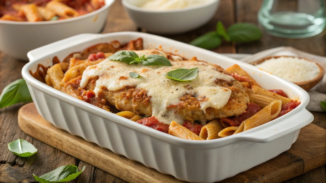 Chicken Parmesan Pasta with golden chicken and marinara.