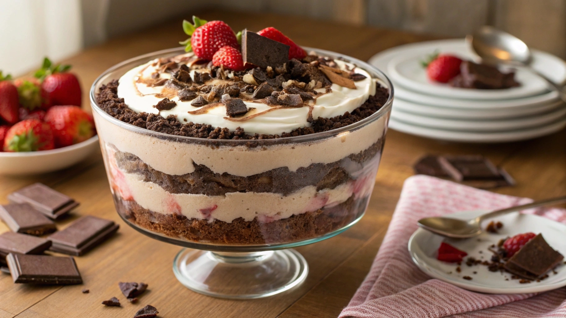 A layered chocolate cheesecake trifle in a glass bowl with whipped cream and strawberries.