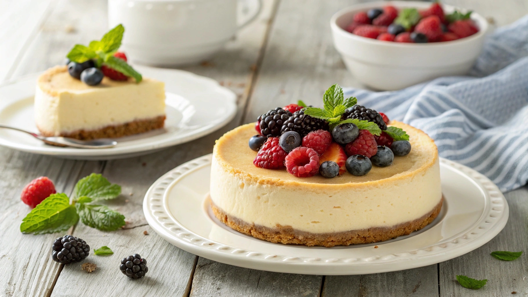 Classic mascarpone cheesecake with fresh berries and mint