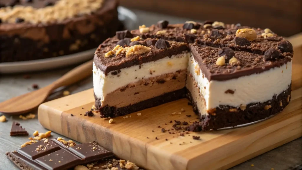A slice of ice cream cake showing chocolate fudge and cookie crumb layers.