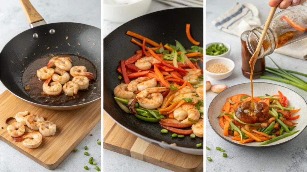 Cooking Hunan Shrimp in a wok