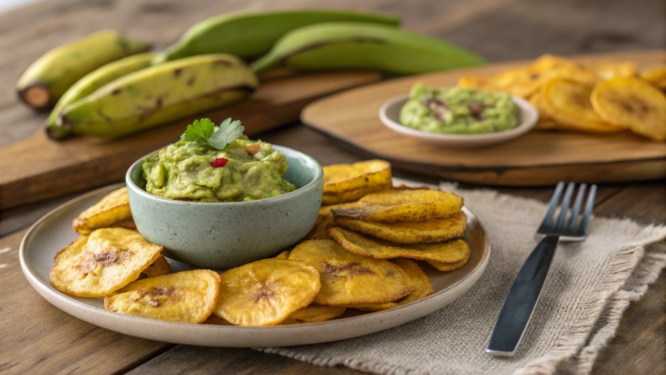 A plate of crispy plantain chips with guacamole on a wooden table.