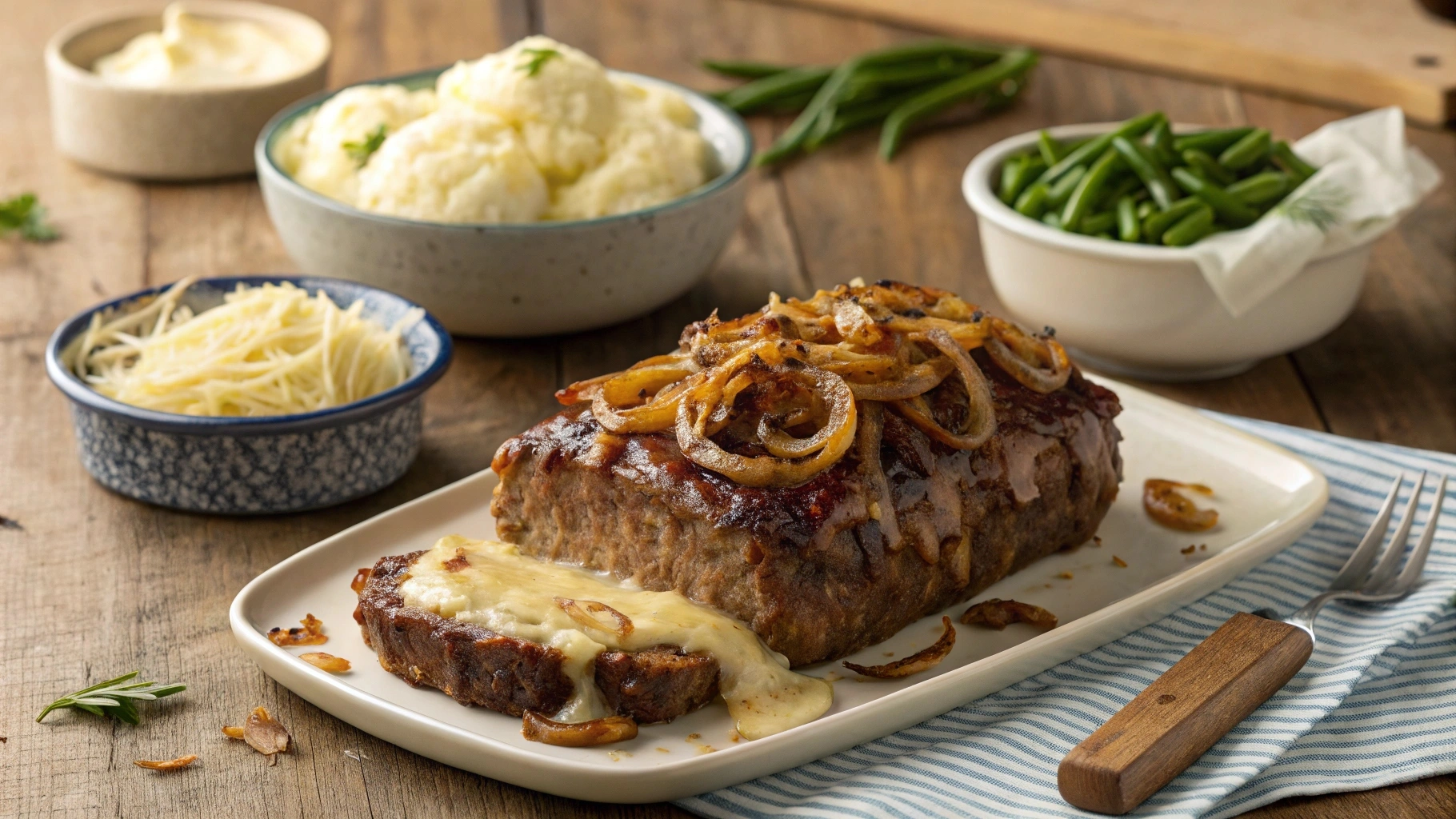 French Onion Meatloaf served on a rustic table with sides.