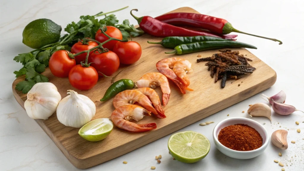 Fresh ingredients for Camarones a la Diabla.