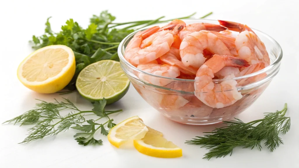 Fresh shrimp prepared for cooking with lemon and herbs