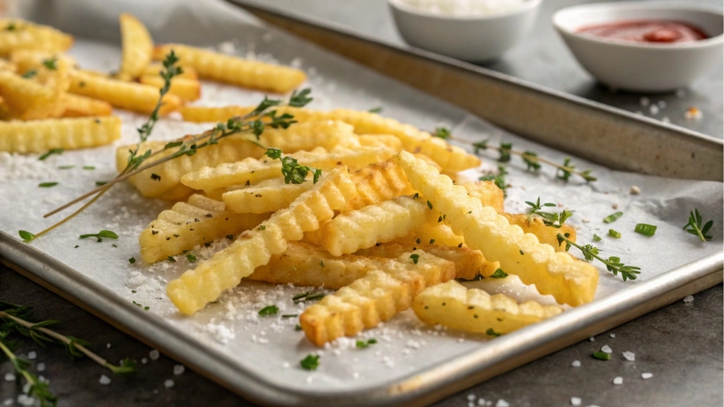 Homemade crinkle cut fries sprinkled with herbs
