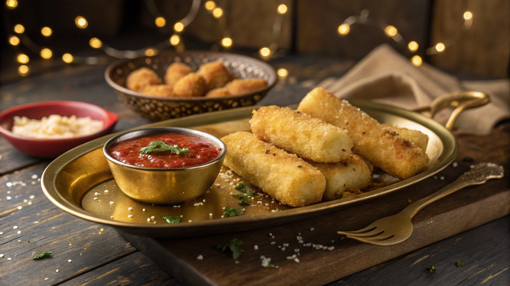 Crispy fried cheese sticks with marinara sauce on a rustic platter