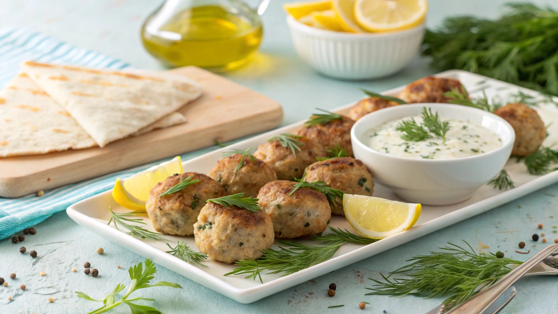 Greek chicken meatballs served with tzatziki and garnished with fresh dill and lemon wedges.