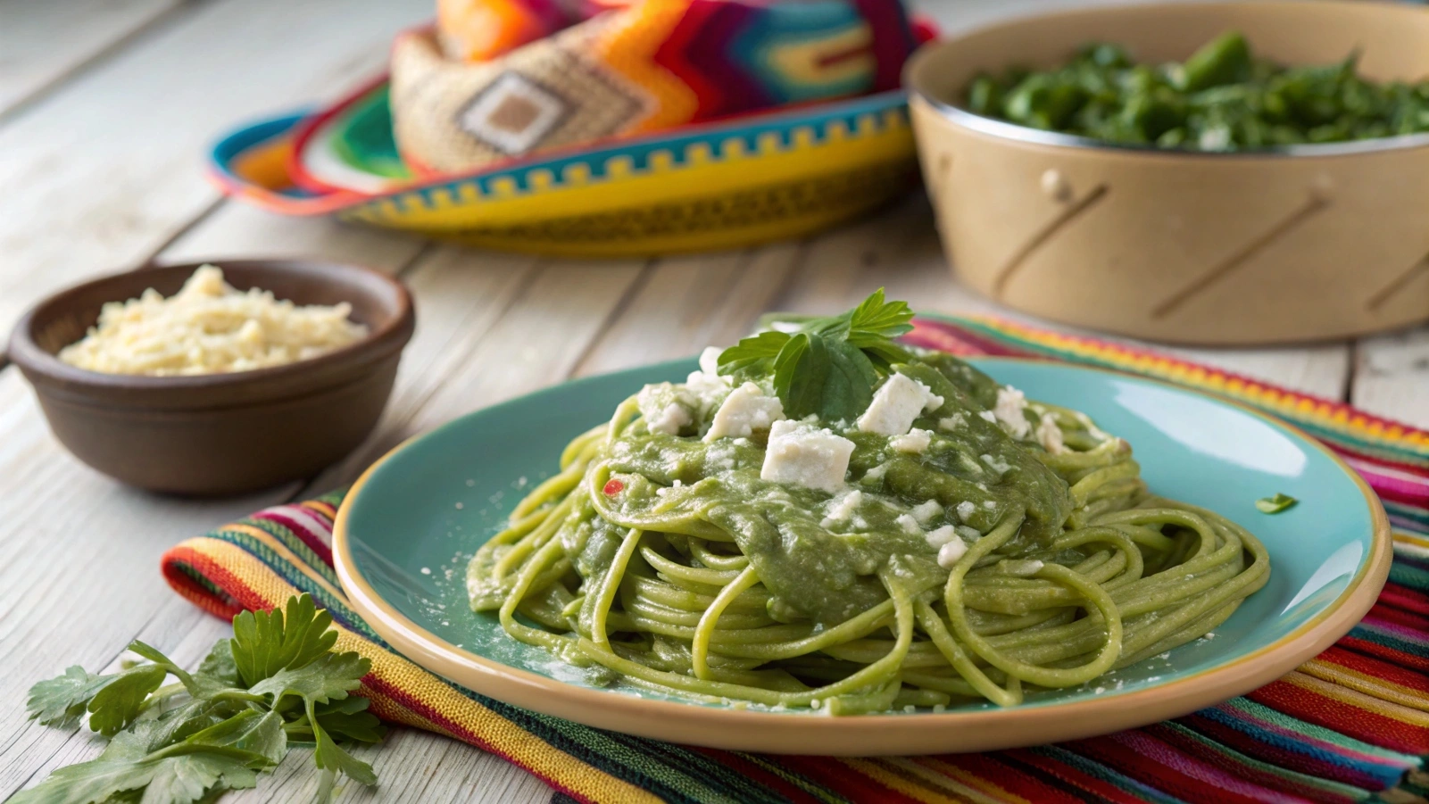 Green spaghetti Mexican with creamy poblano sauce and queso fresco.