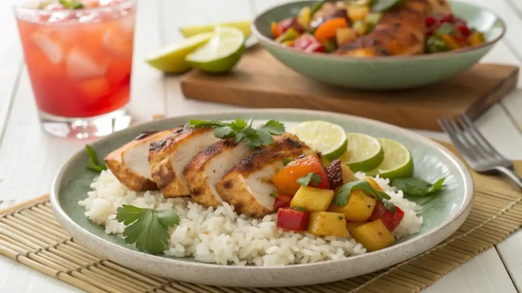 Hawaiian Chicken Sheet Pan served over coconut rice