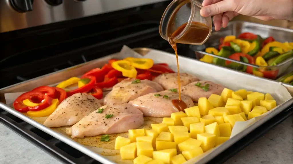 Sheet pan with marinated chicken, pineapple, and vegetables