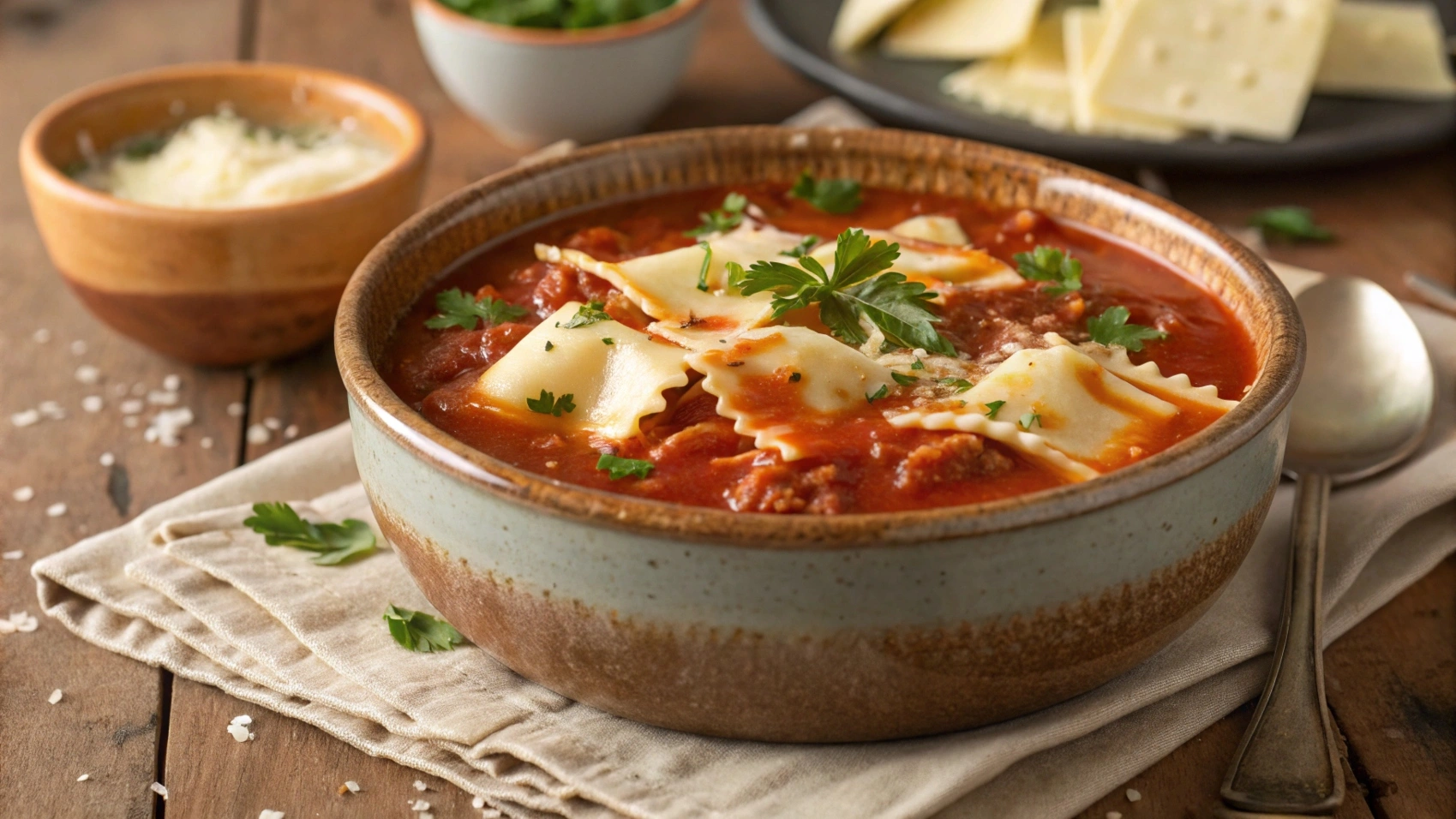 Bowl of lasagna soup with pasta, cheese, and parsley.