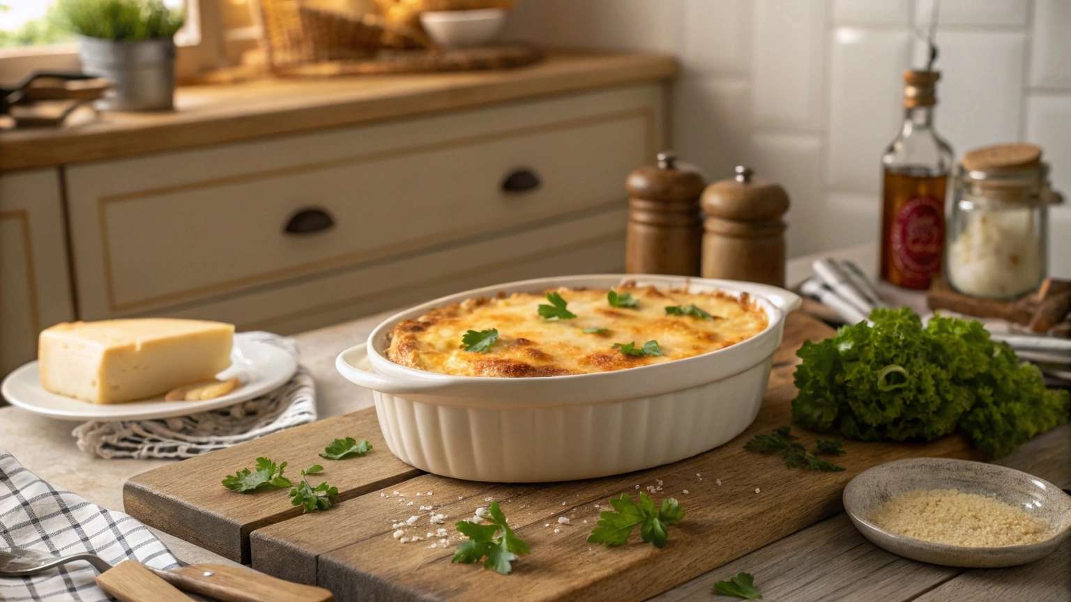 Freshly baked Hobo Casserole with melted cheese and parsley garnish