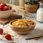 A bowl of homemade corn flakes with milk and fresh fruits